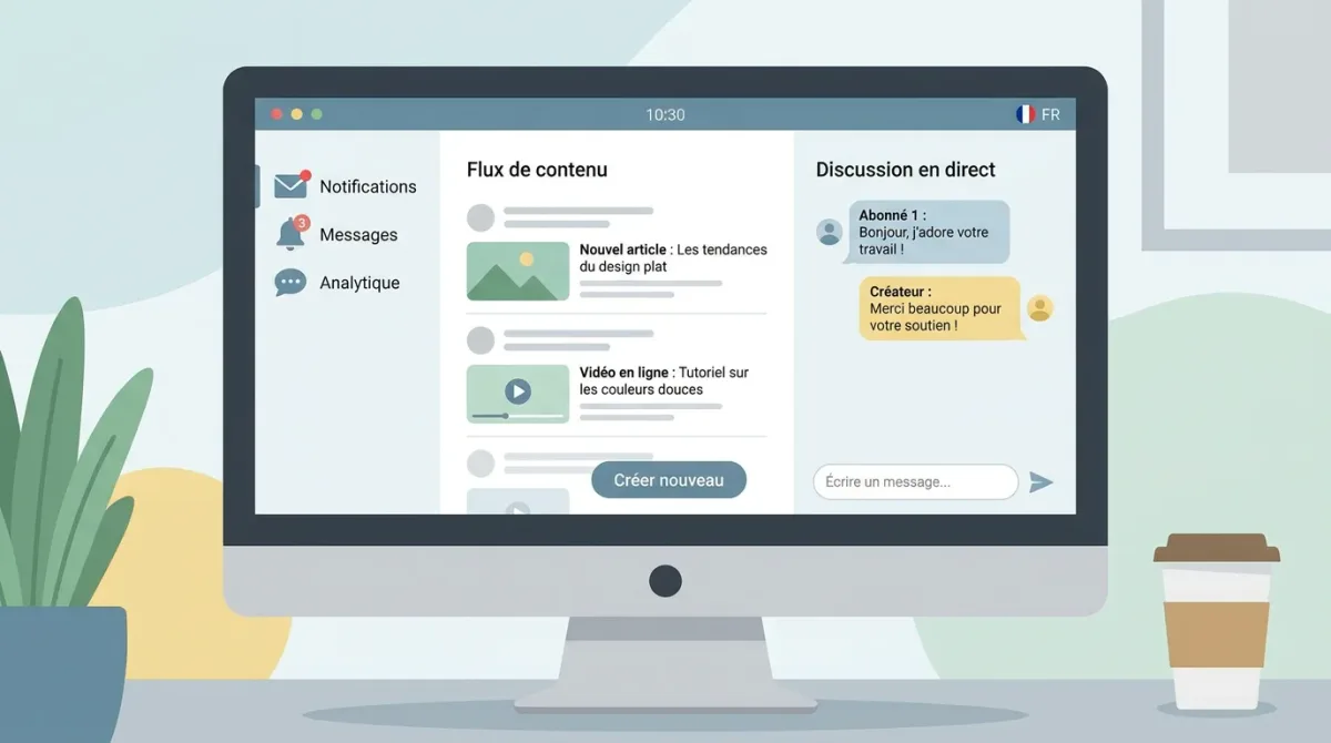 Illustration d'un tableau de bord de créateur avec feed, messagerie et notifications