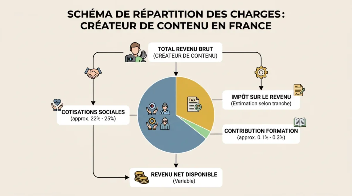 Infographie des charges fiscales et sociales pour un créateur OnlyFans en micro-entreprise en France en 2026