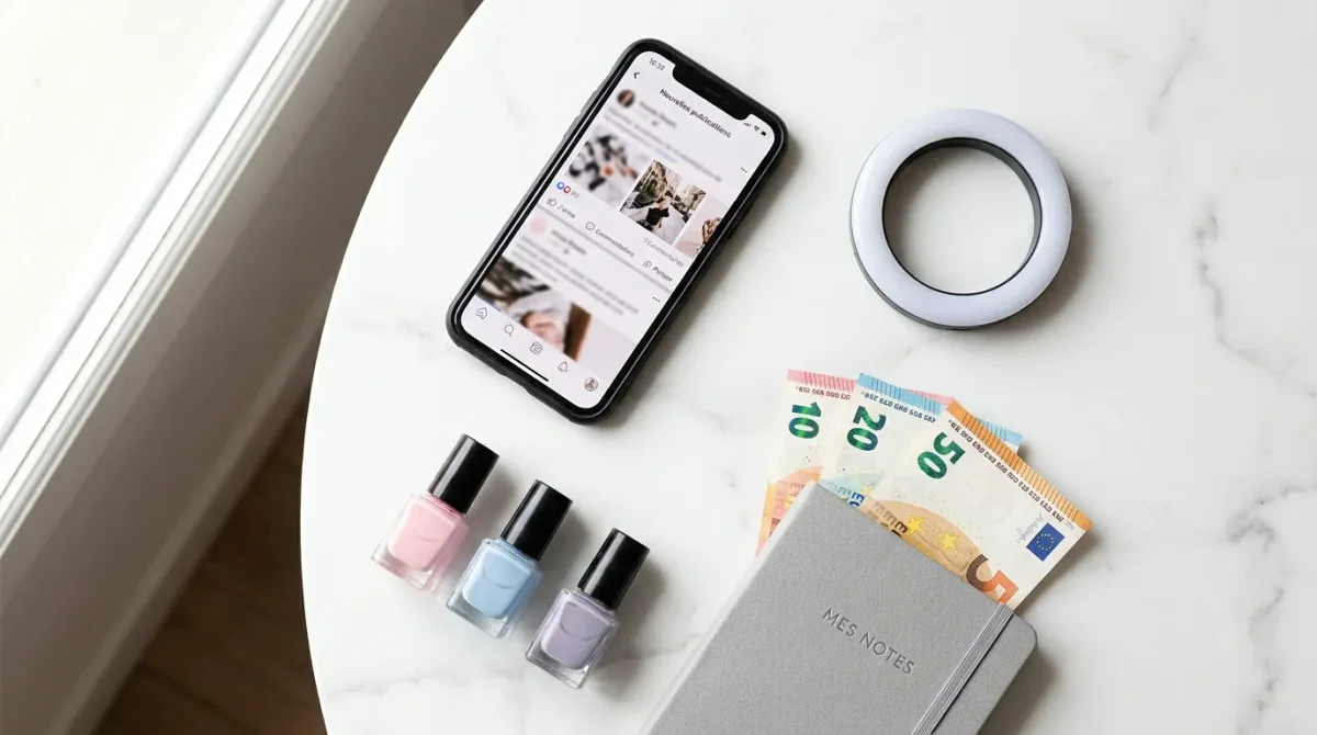 Flat lay éditorial montrant un smartphone, un ring light et des accessoires de pédicure pour la création de contenu pieds
