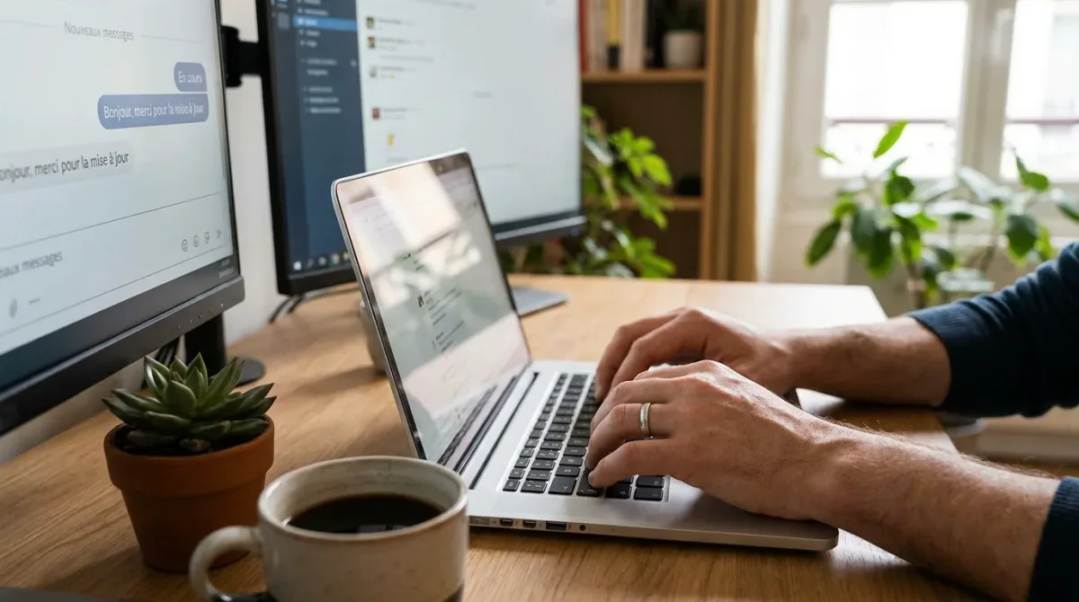 Mains tapant sur un ordinateur portable avec un écran de chat flou en arrière-plan, symbolisant le chatting professionnel sur OnlyFans
