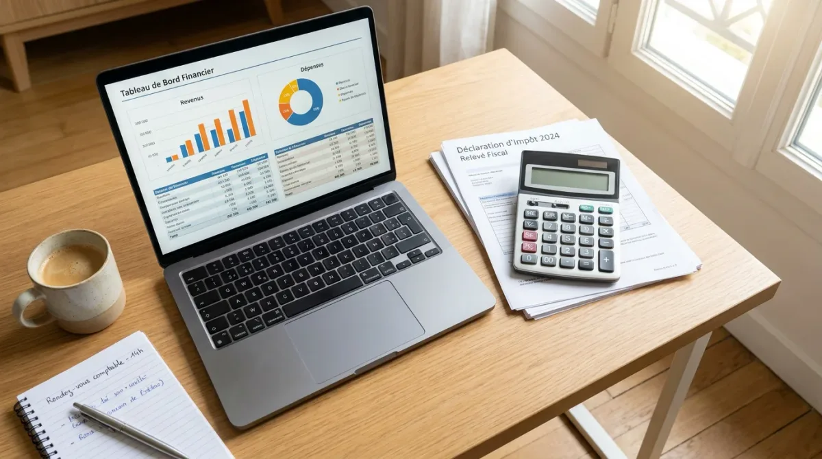 Bureau à domicile avec documents fiscaux français pour déclarer ses revenus de créateur en ligne