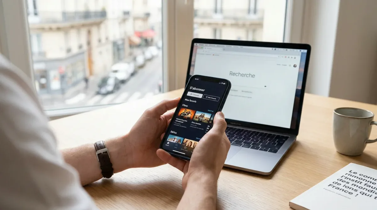 Mains tenant un smartphone avec une interface de plateforme de contenu par abonnement sur un bureau professionnel